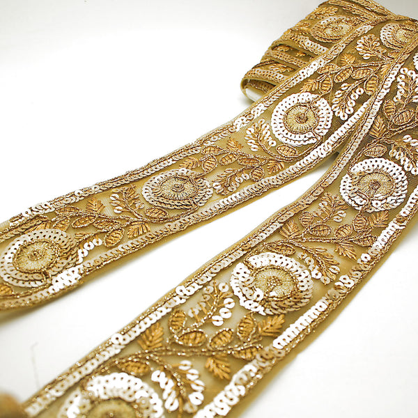 GOLD SEQUIN FLORAL RIBBON FABRIC TRIM - sarahi.NYC