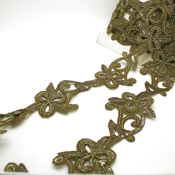 OLIVE GREEN FLORAL BEADED TRIM - sarahi.NYC