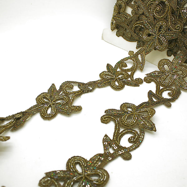 OLIVE GREEN FLORAL BEADED TRIM - sarahi.NYC