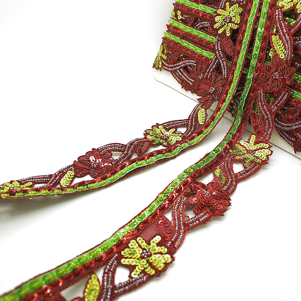MAROON GREEN EDGING SEQUIN BEADED TRIM - sarahi.NYC