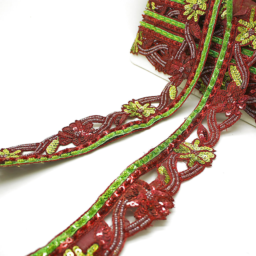 MAROON GREEN EDGING SEQUIN BEADED TRIM - sarahi.NYC