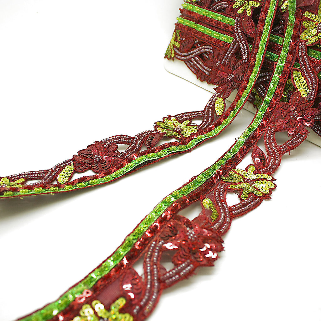 MAROON GREEN EDGING SEQUIN BEADED TRIM - sarahi.NYC