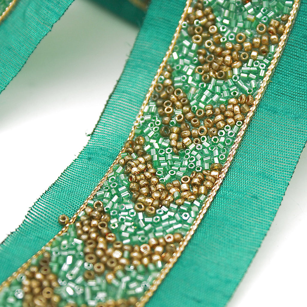 GREEN GOLD BUGLE BEADED FABRIC TRIM - sarahi.NYC