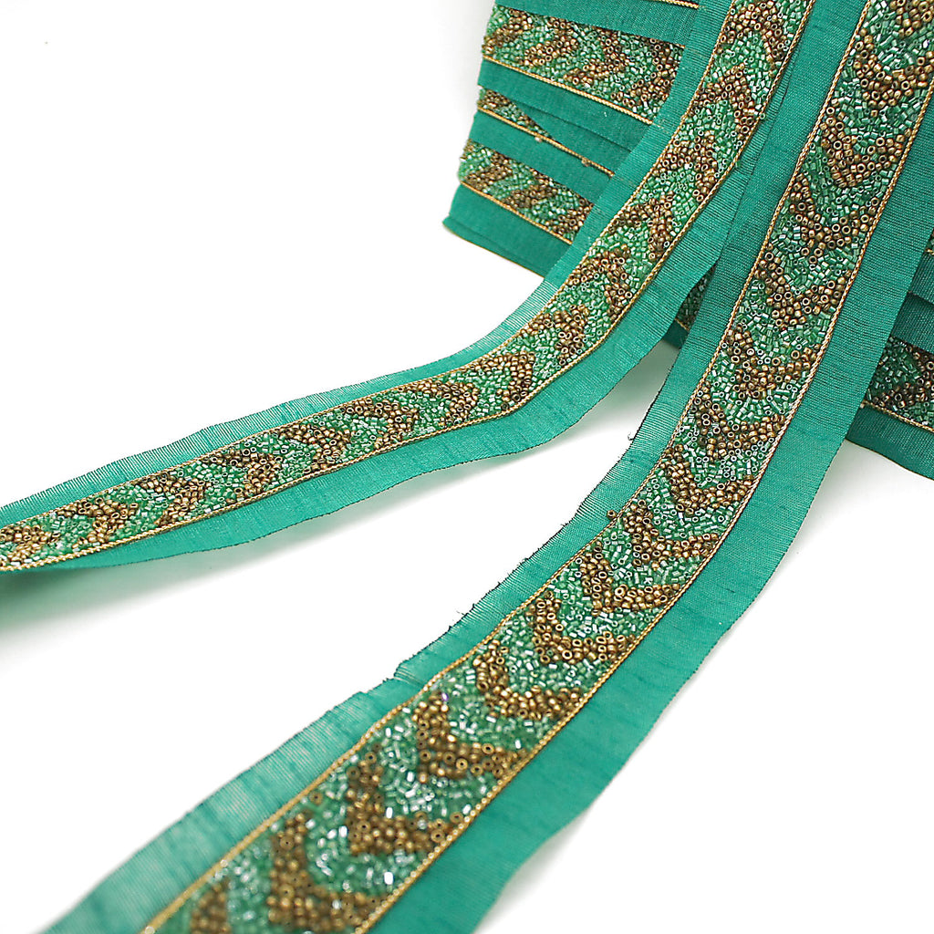 GREEN GOLD BUGLE BEADED FABRIC TRIM - sarahi.NYC