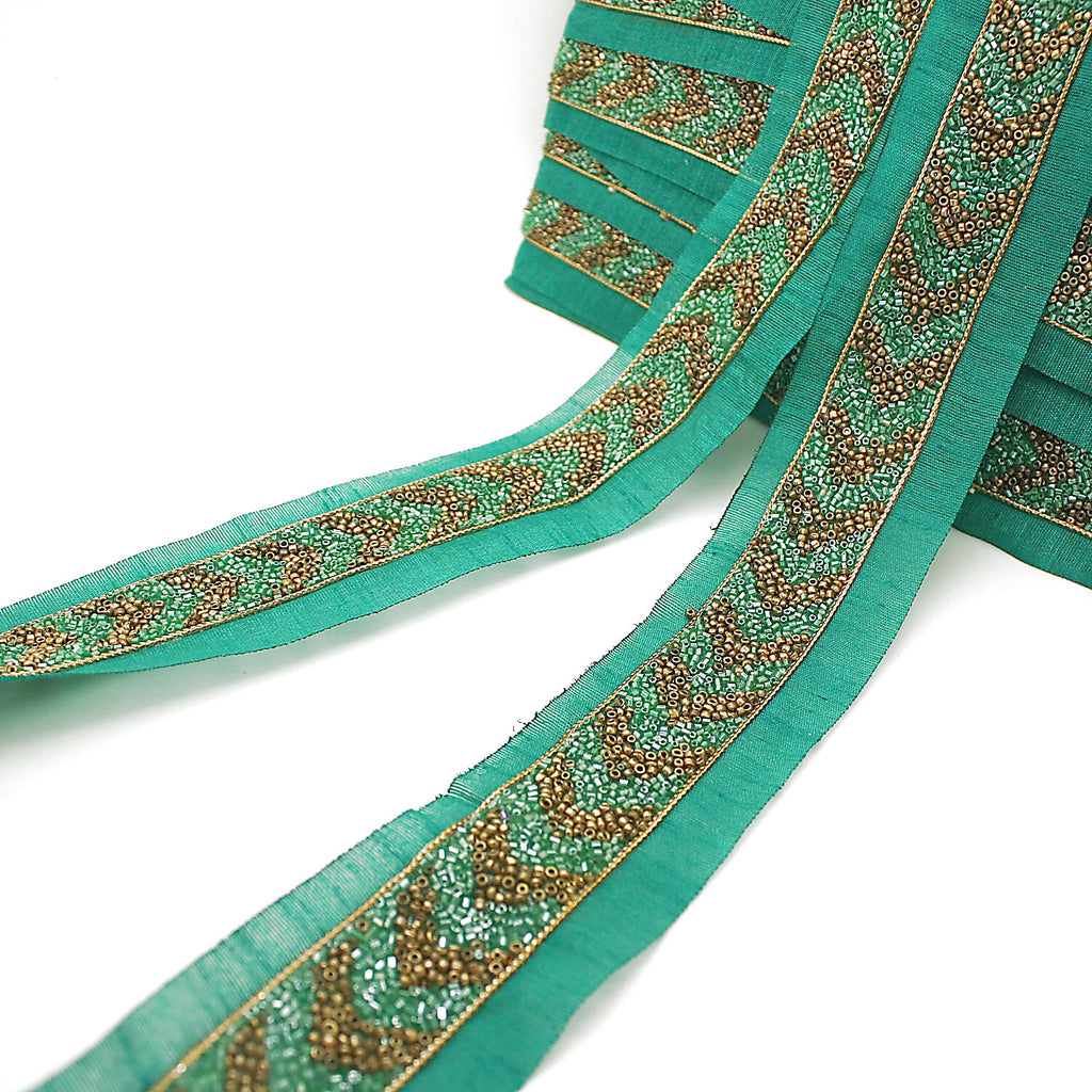 GREEN GOLD BUGLE BEADED FABRIC TRIM - sarahi.NYC