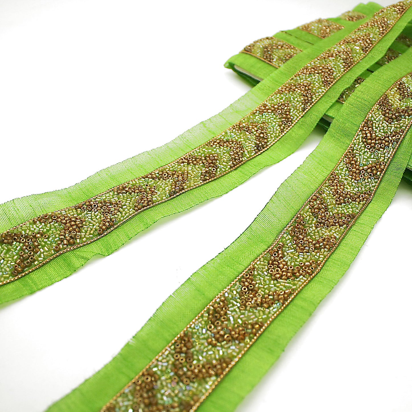 LIGHT GREEN GOLD BUGLE BEADED FABRIC TRIM - sarahi.NYC