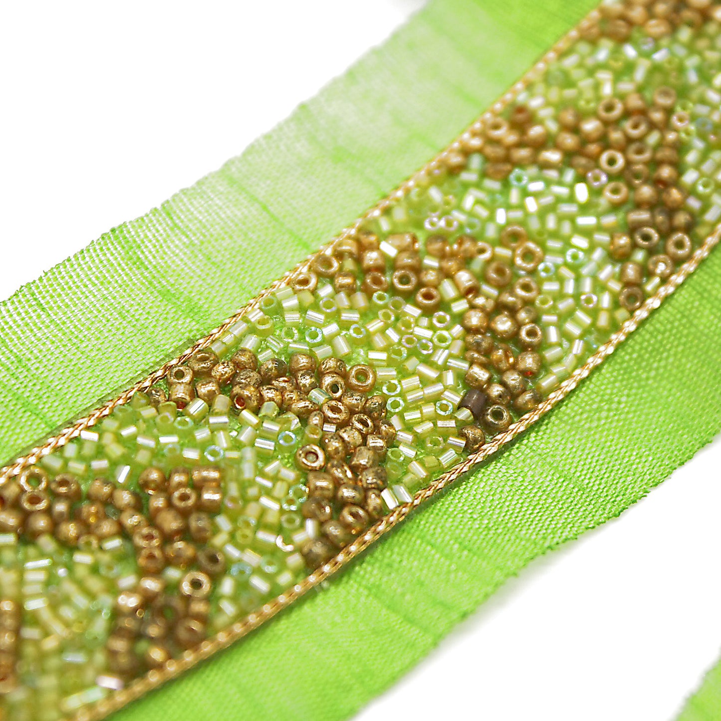 LIGHT GREEN GOLD BUGLE BEADED FABRIC TRIM - sarahi.NYC