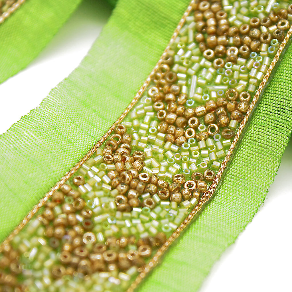 LIGHT GREEN GOLD BUGLE BEADED FABRIC TRIM - sarahi.NYC