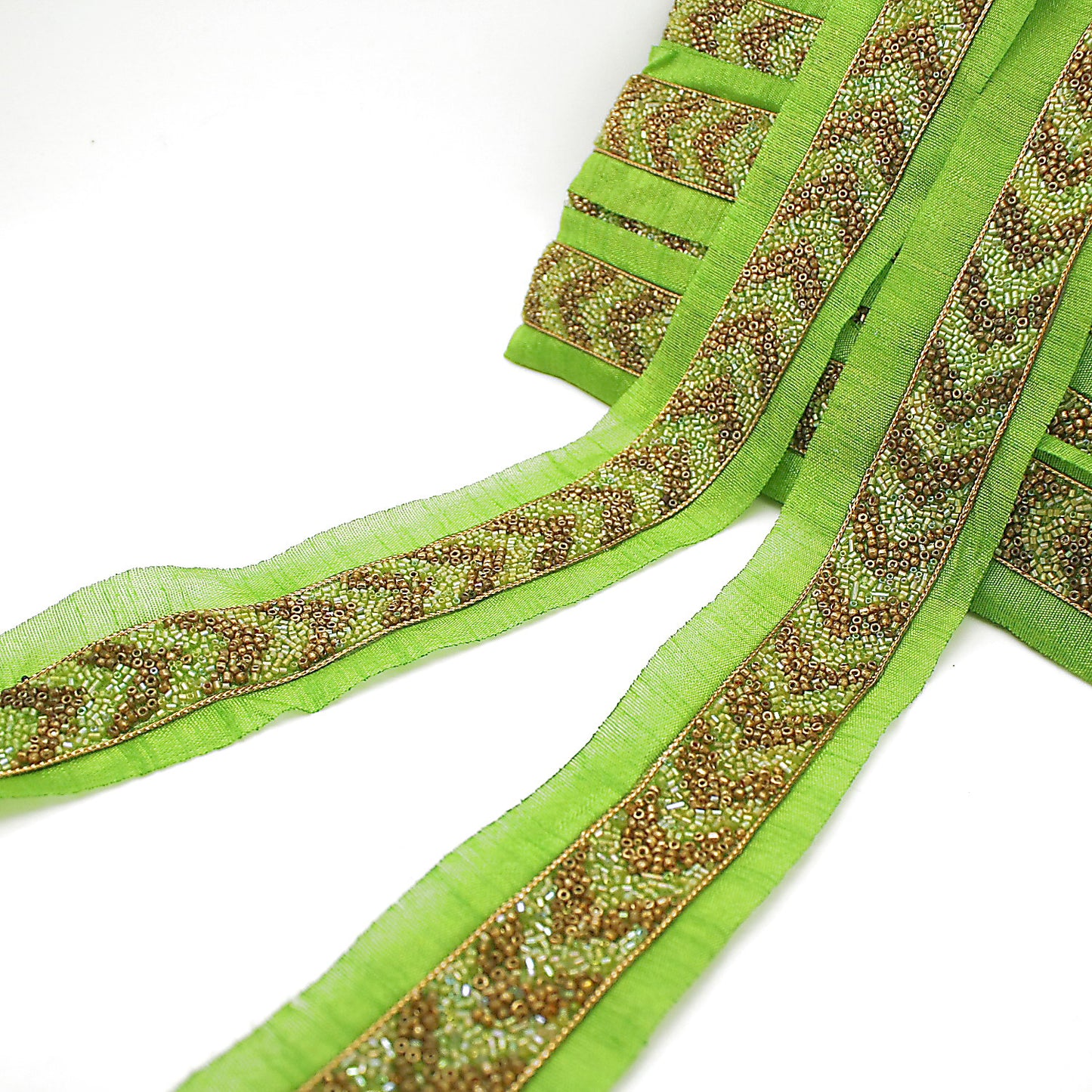 LIGHT GREEN GOLD BUGLE BEADED FABRIC TRIM - sarahi.NYC