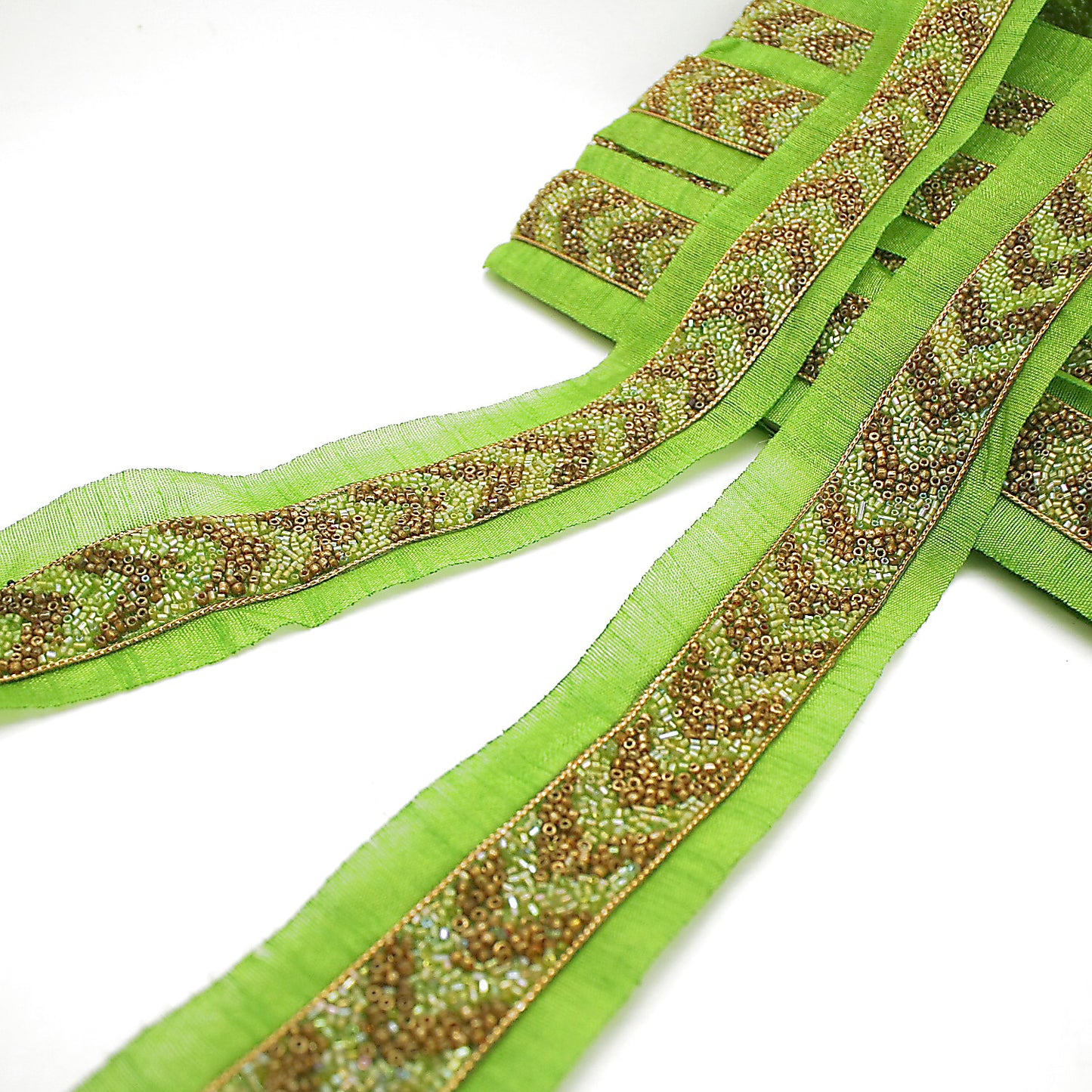 LIGHT GREEN GOLD BUGLE BEADED FABRIC TRIM - sarahi.NYC