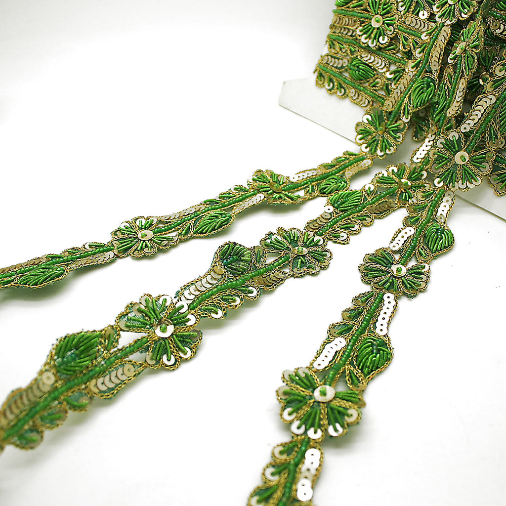 GREEN GOLD FLORAL BEADED SEQUIN TRIM - sarahi.NYC
