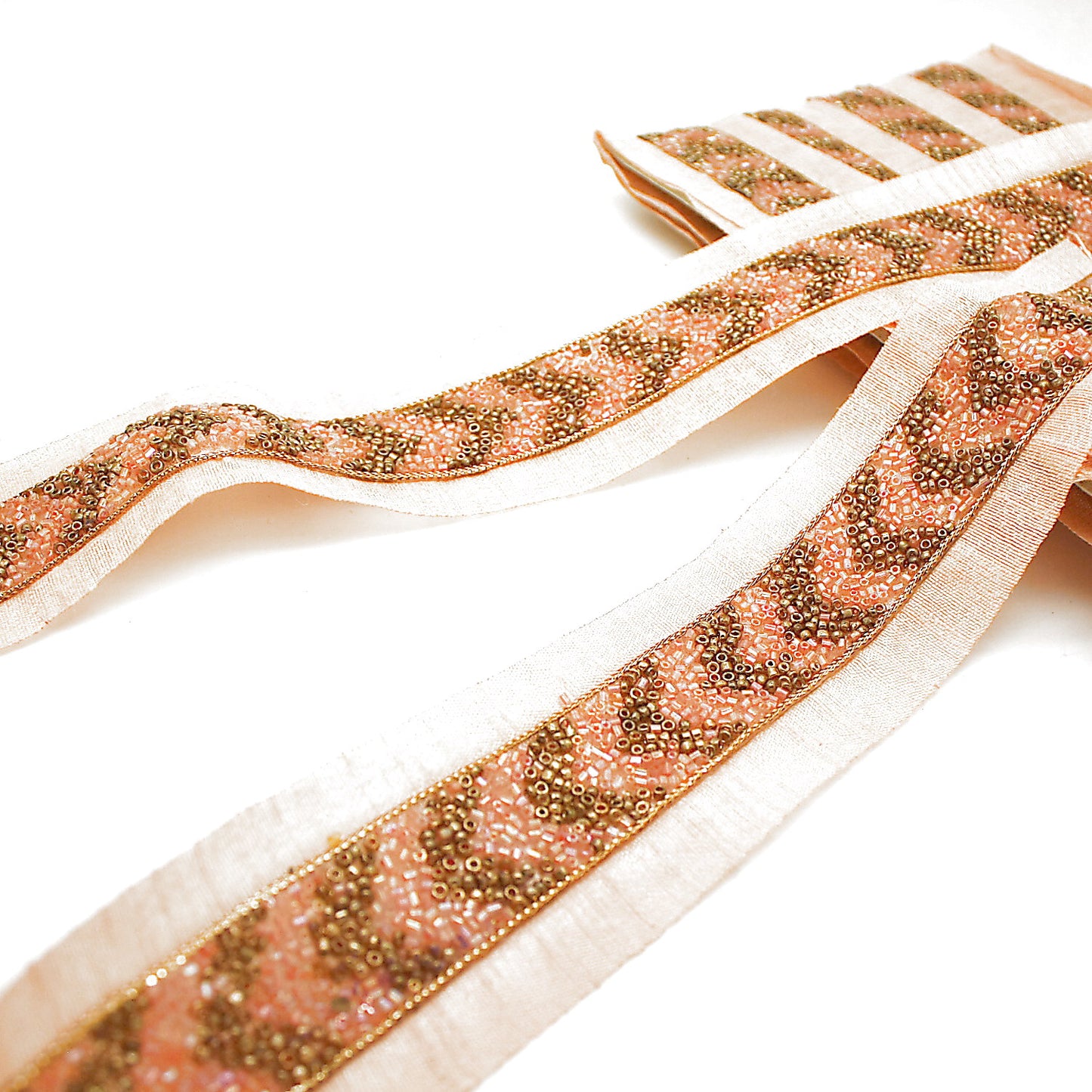 PEACH CORAL GOLD BUGLE BEADED FABRIC TRIM - sarahi.NYC