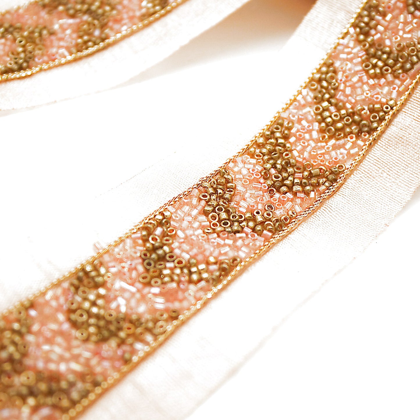PEACH CORAL GOLD BUGLE BEADED FABRIC TRIM - sarahi.NYC