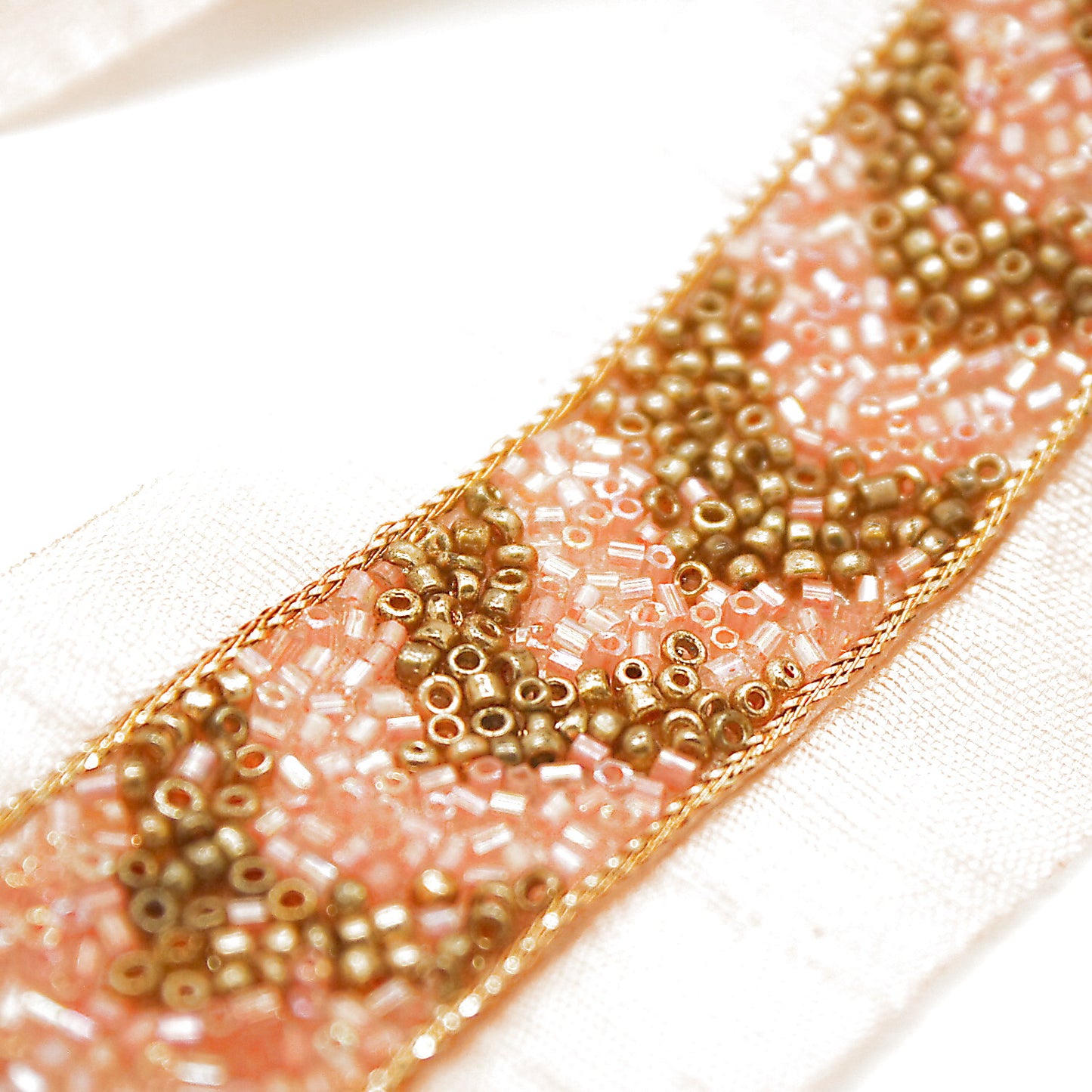 PEACH CORAL GOLD BUGLE BEADED FABRIC TRIM - sarahi.NYC