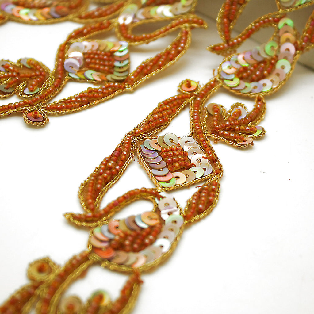 RUSTY ORANGE FLORAL SEQUIN EMBROIDERY TRIM - sarahi.NYC