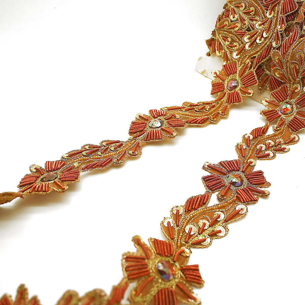 RUSTY ORANGE FLORAL RHINESTONE  TRIM - sarahi.NYC