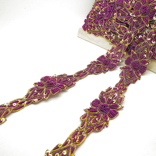 PURPLE PINK FLORAL BEADED TRIM - sarahi.NYC