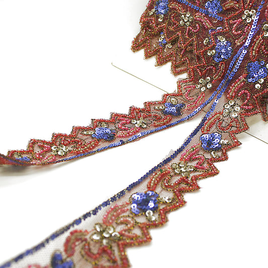 CERISE PINK BLUE NET BEADED TRIM - sarahi.NYC