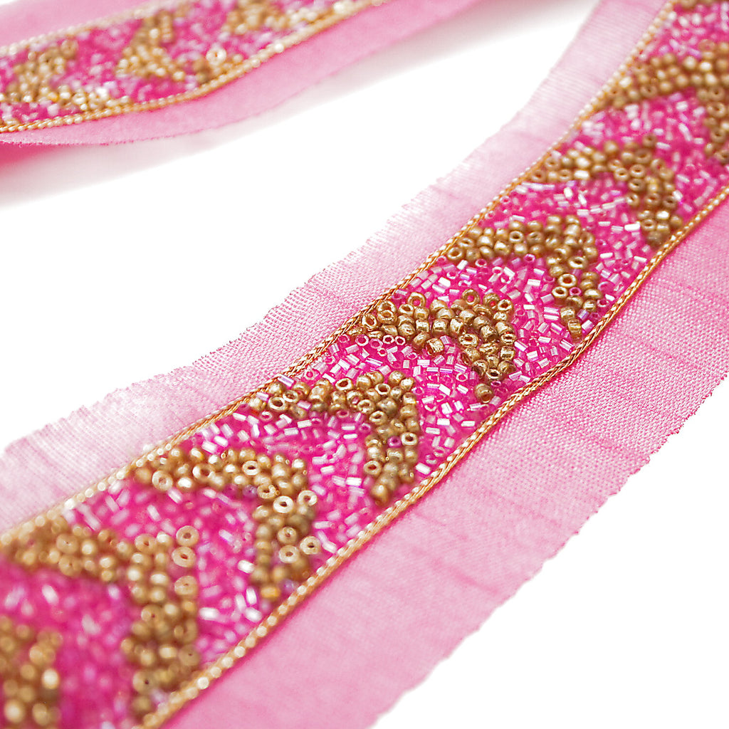 PINK GOLD BUGLE BEADED FABRIC TRIM - sarahi.NYC