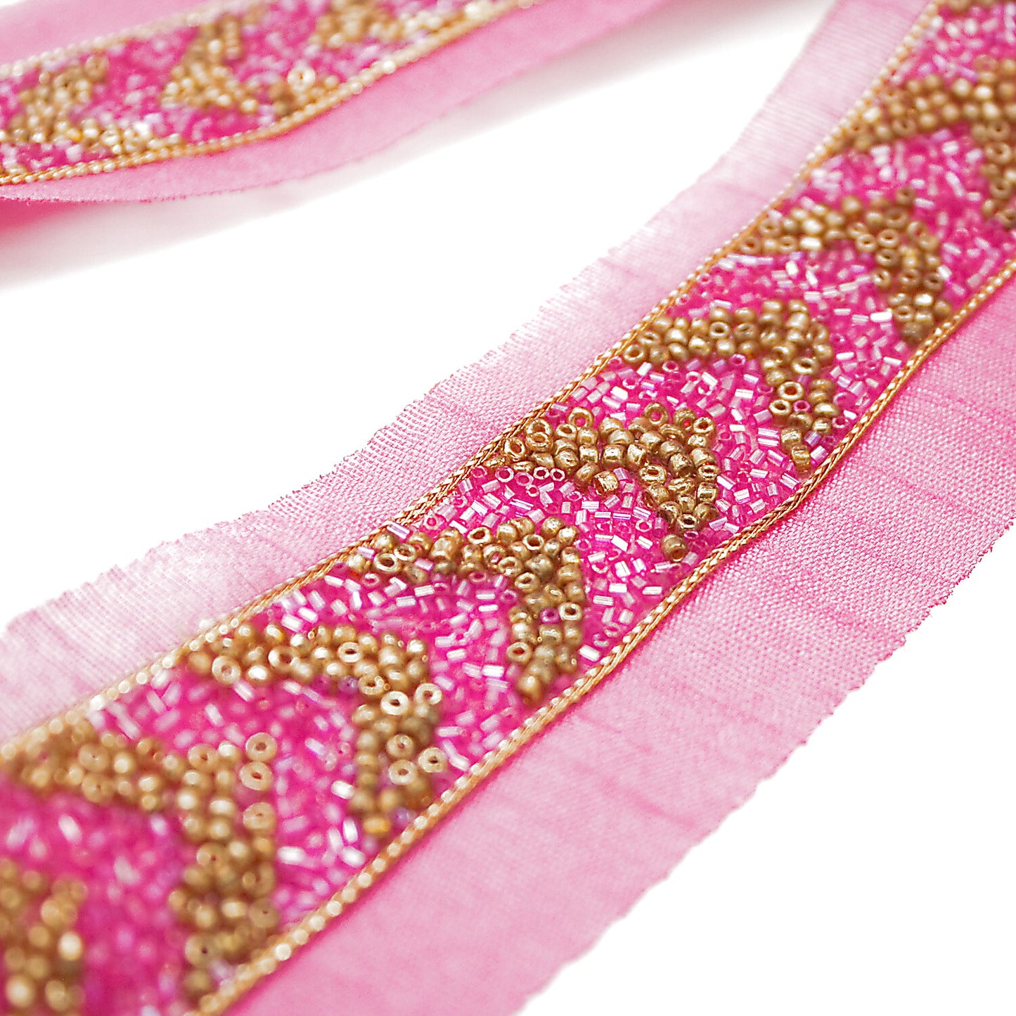 PINK GOLD BUGLE BEADED FABRIC TRIM - sarahi.NYC