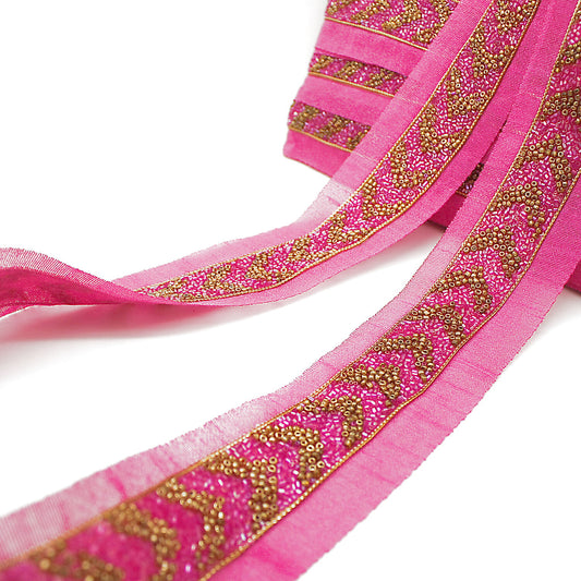 PINK GOLD BUGLE BEADED FABRIC TRIM - sarahi.NYC