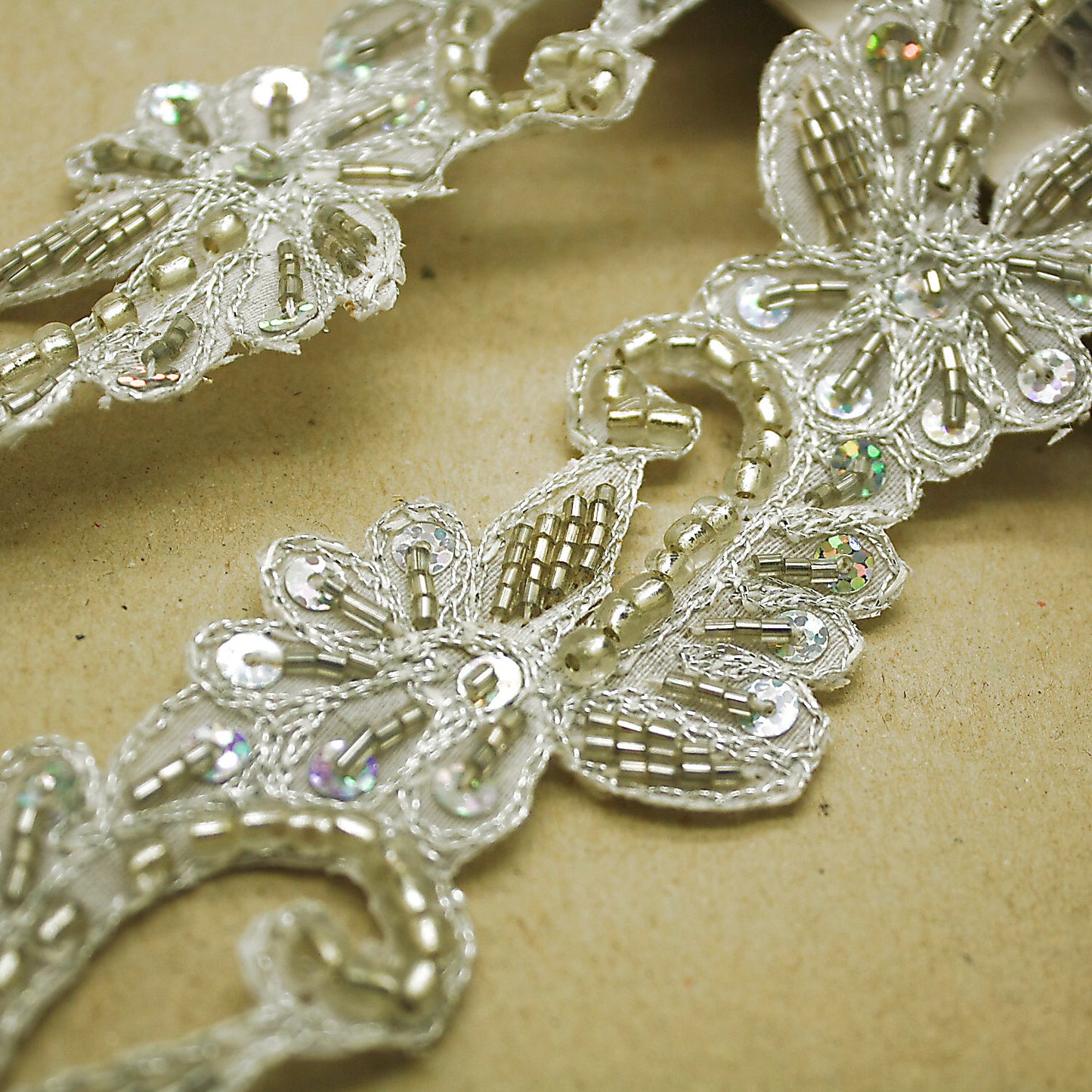 WHITE SILVER FLORAL BEADED TRIM - sarahi.NYC