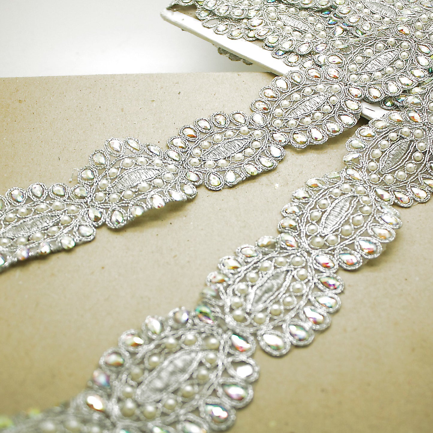 Silver iridescent rhinestone fabric trim - sarahi.NYC