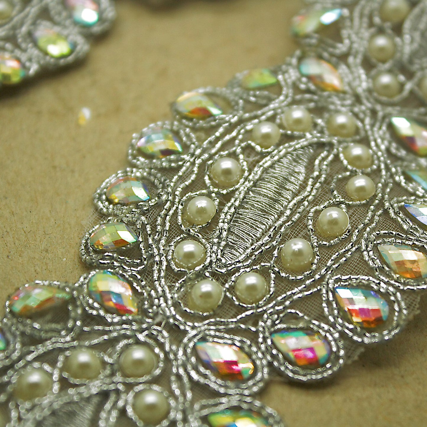 Silver iridescent rhinestone fabric trim - sarahi.NYC