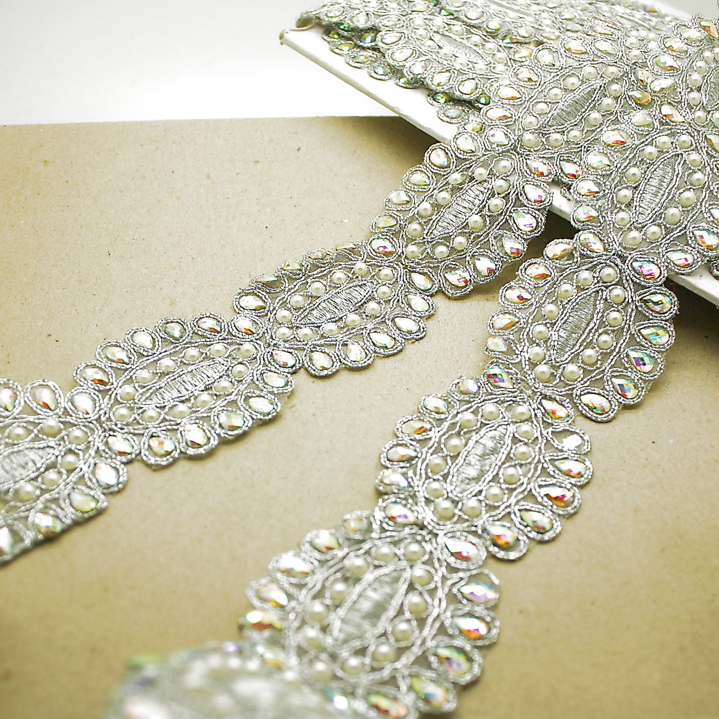 Silver iridescent rhinestone fabric trim - sarahi.NYC