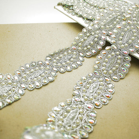 Silver iridescent rhinestone fabric trim - sarahi.NYC