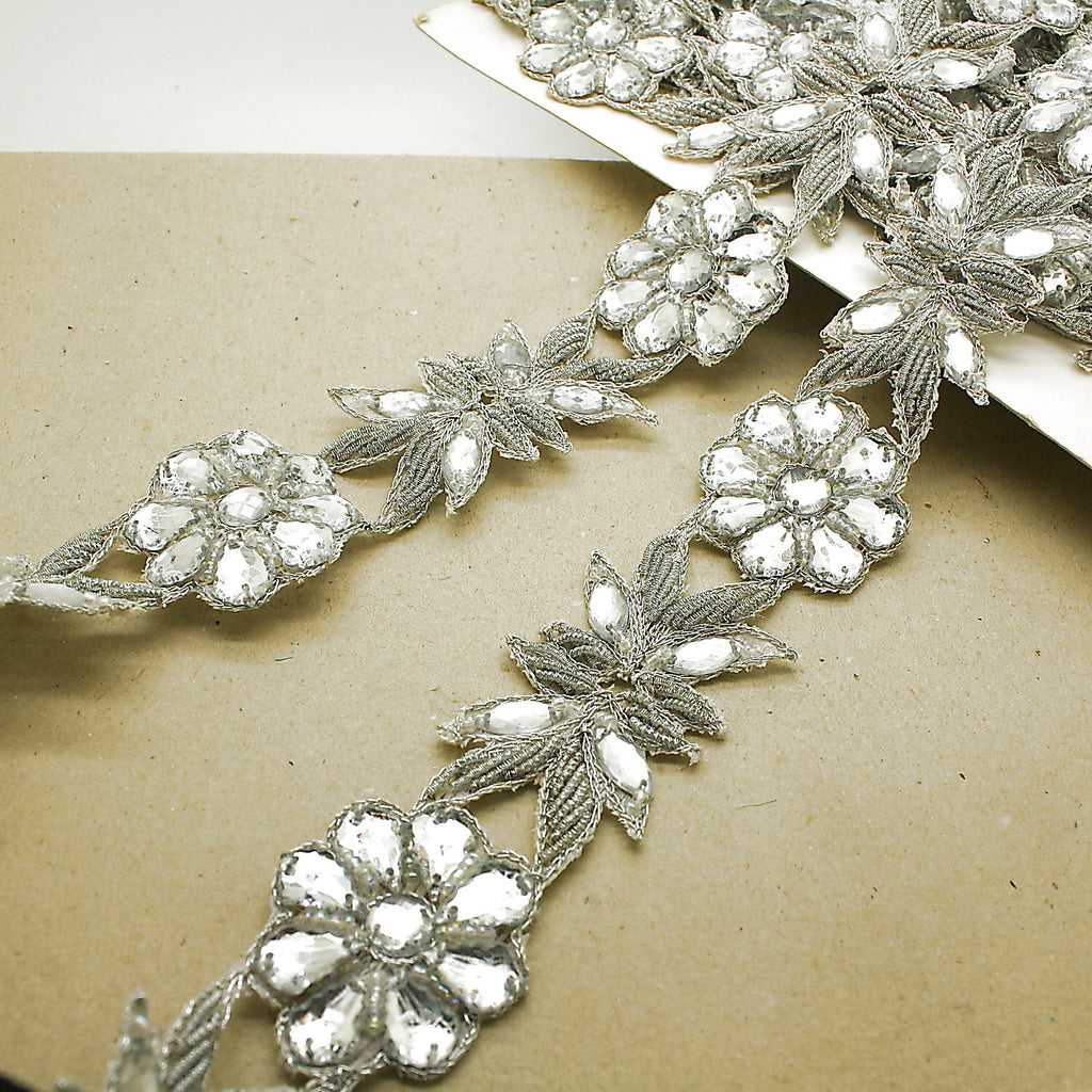 SILVER RHINSTONE FLORAL TRIM