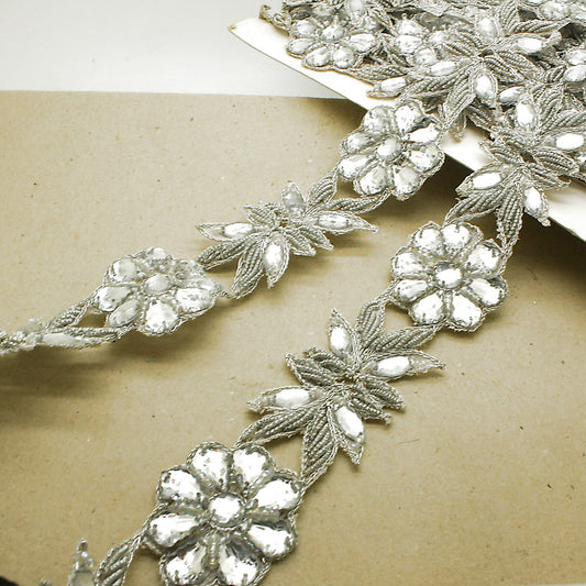 SILVER RHINSTONE FLORAL TRIM