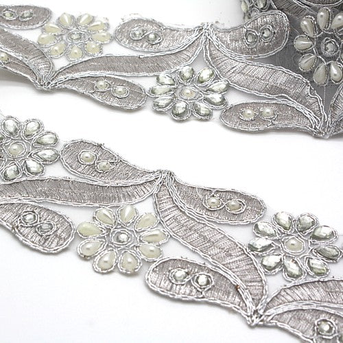 Silver pearl rhinestone fabric trim - sarahi.NYC