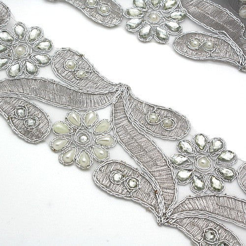 Silver pearl rhinestone fabric trim - sarahi.NYC