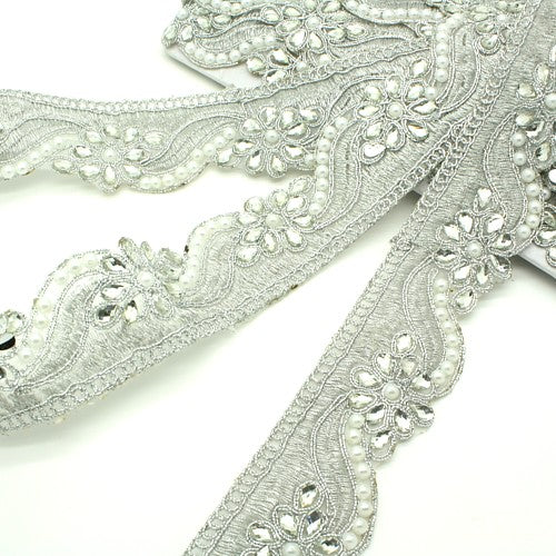 SILVER PEARL RHINESTONE FABRIC TRIM - sarahi.NYC