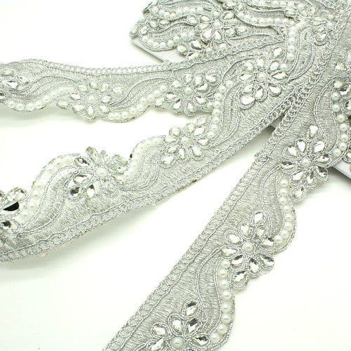 SILVER PEARL RHINESTONE FABRIC TRIM - sarahi.NYC