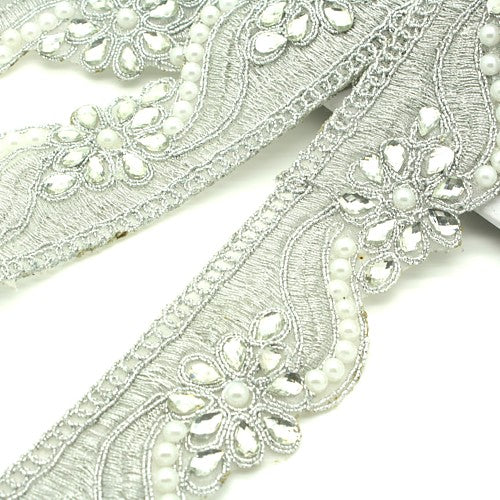 SILVER PEARL RHINESTONE FABRIC TRIM - sarahi.NYC