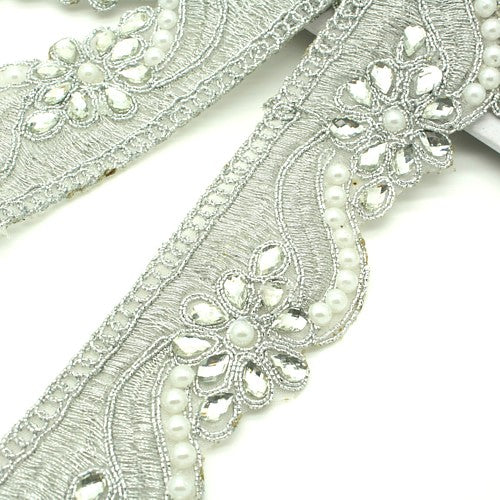 SILVER PEARL RHINESTONE FABRIC TRIM - sarahi.NYC