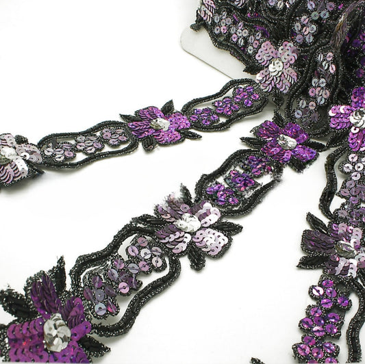 PURPLE SILVER FLORAL BEADED SEQUIN TRIM - sarahi.NYC