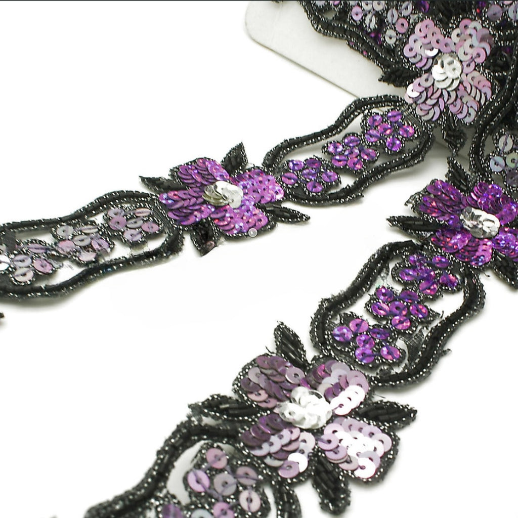PURPLE SILVER FLORAL BEADED SEQUIN TRIM - sarahi.NYC
