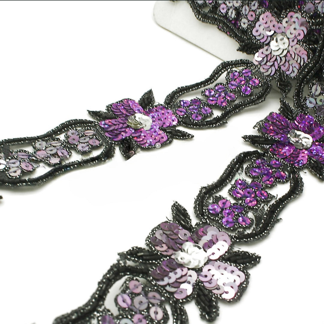 PURPLE SILVER FLORAL BEADED SEQUIN TRIM - sarahi.NYC