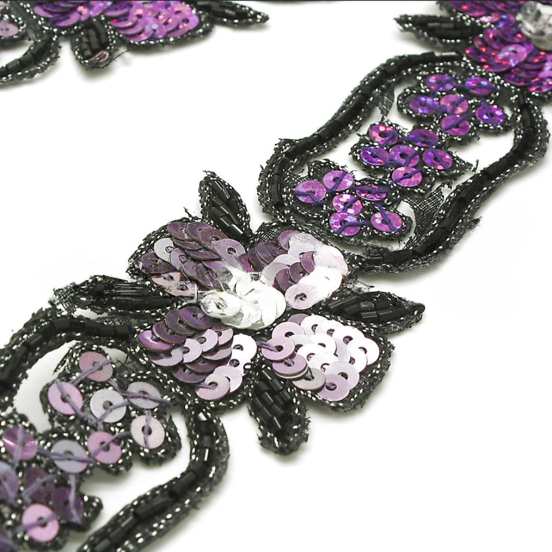 PURPLE SILVER FLORAL BEADED SEQUIN TRIM - sarahi.NYC