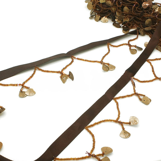 BROWN SHELL BEADED FRINGE TRIM - sarahi.NYC