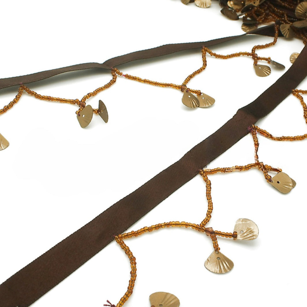 BROWN SHELL BEADED FRINGE TRIM - sarahi.NYC