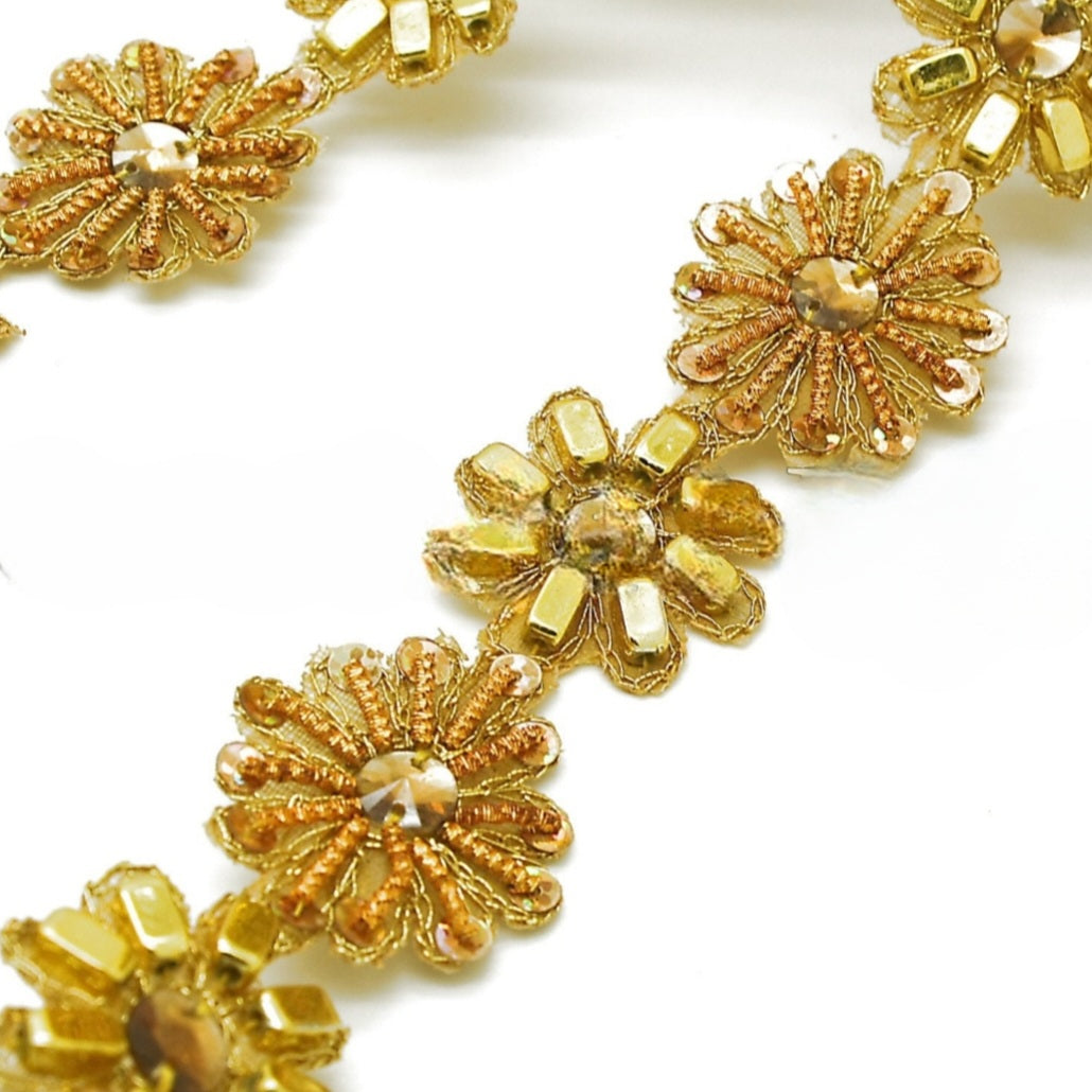 YELLOW GOLD  FLOWER BEADED SEQUIN TRIM - sarahi.NYC