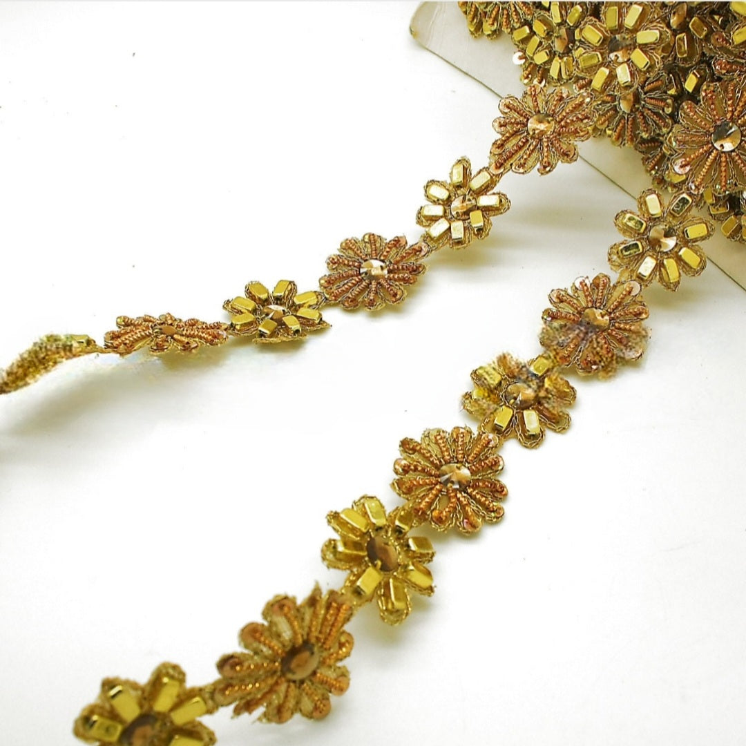 YELLOW GOLD  FLOWER BEADED SEQUIN TRIM - sarahi.NYC