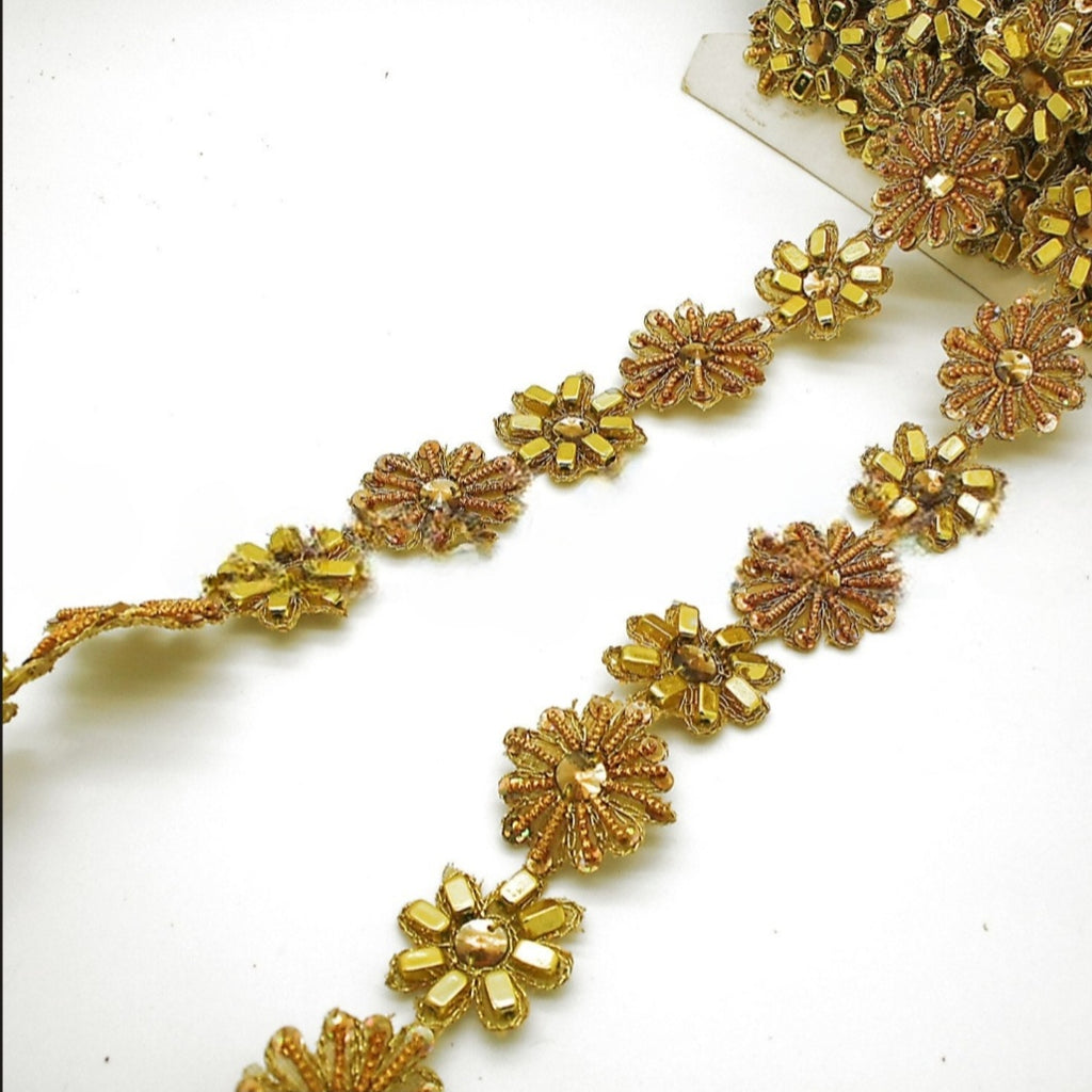 YELLOW GOLD  FLOWER BEADED SEQUIN TRIM - sarahi.NYC