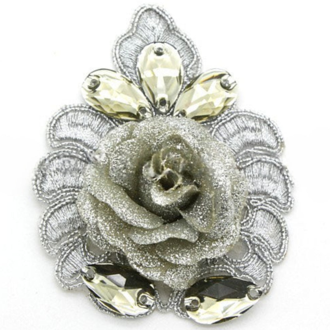 SILVER ROSE FLORAL RHINESTONE APPLIQUE - sarahi.NYC