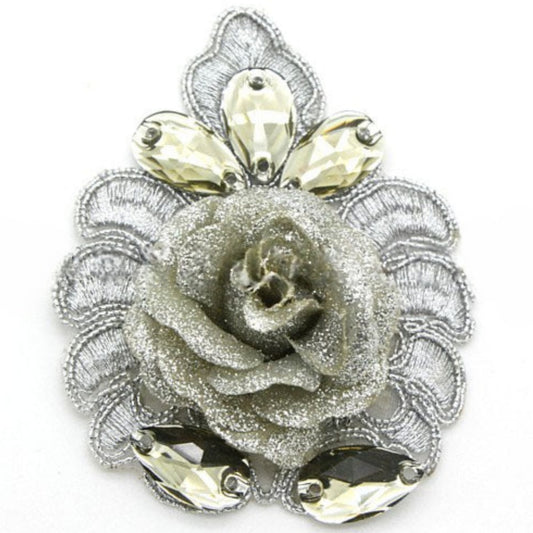 SILVER ROSE FLORAL RHINESTONE APPLIQUE - sarahi.NYC