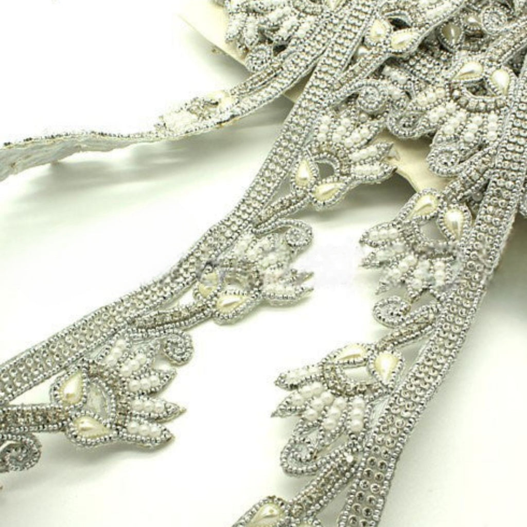WHITE PEARL BEADED FLORAL TRIM - sarahi.NYC
